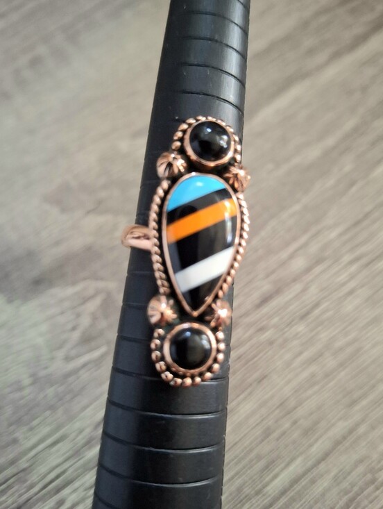 Hand Crafted Jewelry - Black Onyx And Inlay Stone Ring On Copper Adjustable Band Sizes 5-6-7-8